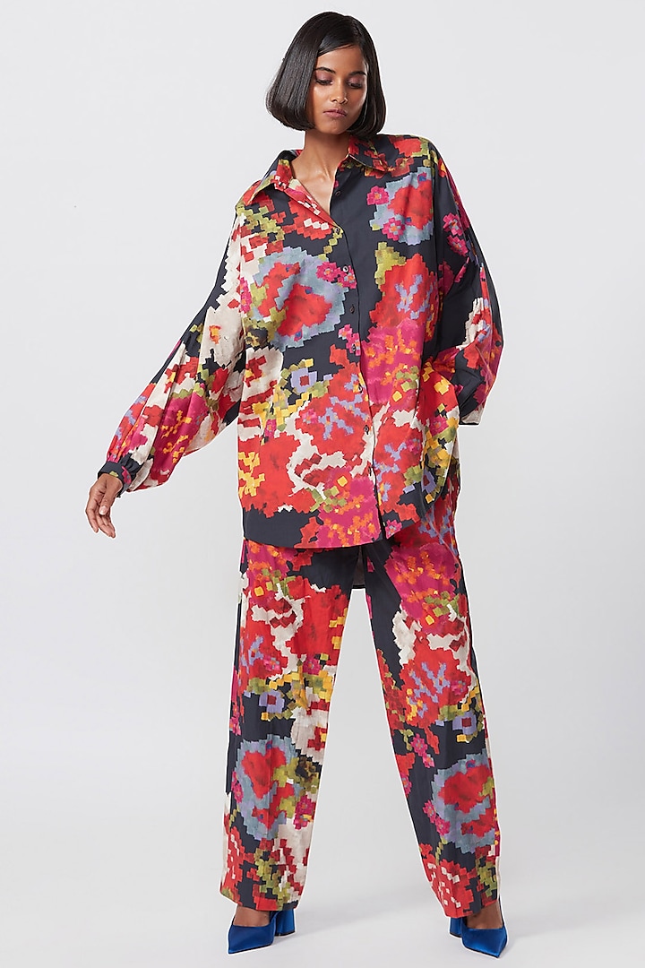 Multi-Colored Cambric Cotton Abstract Printed Oversized Shirt by Saaksha & Kinni