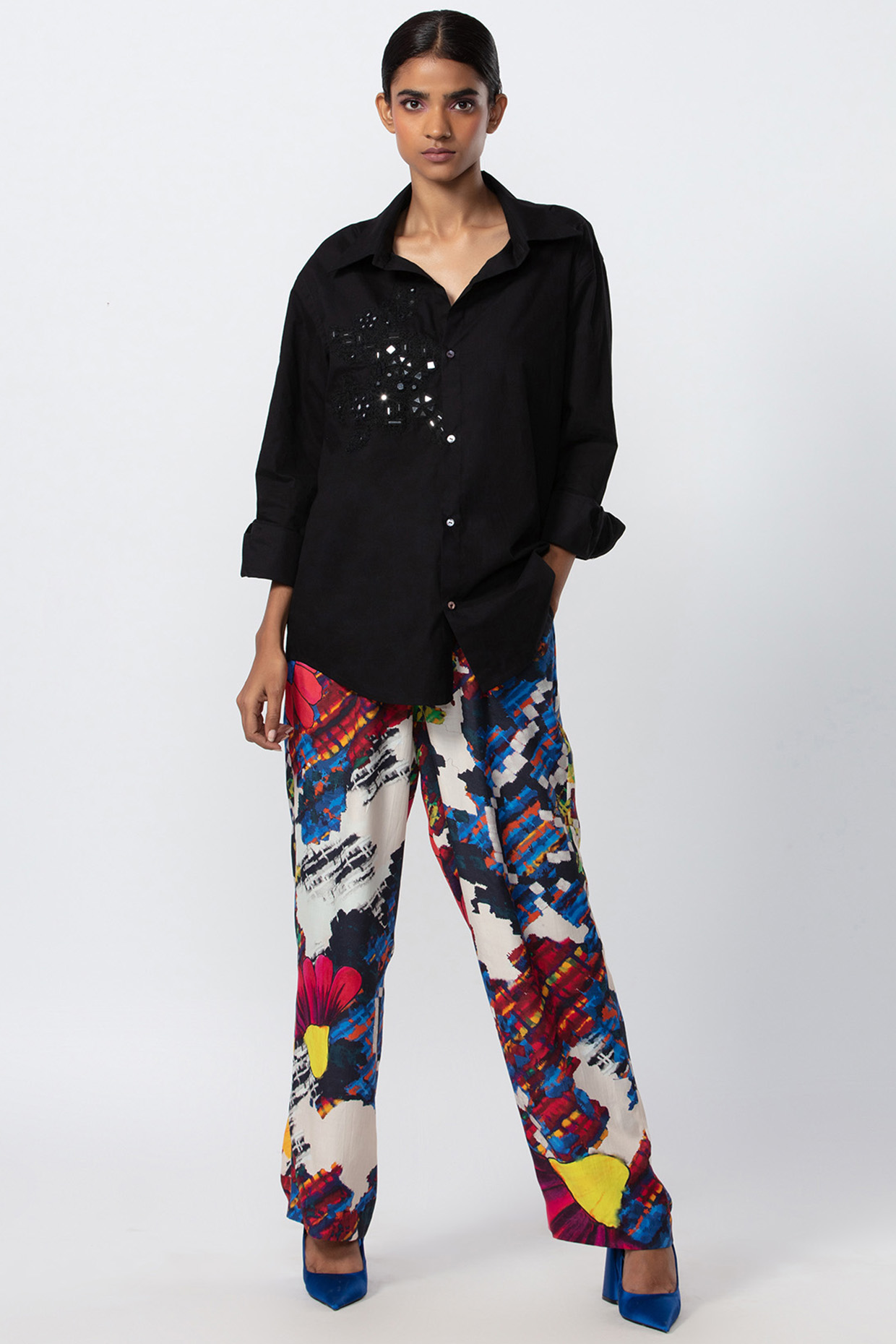 Multi-Colored Satin Abstract Printed Trousers by Saaksha & Kinni