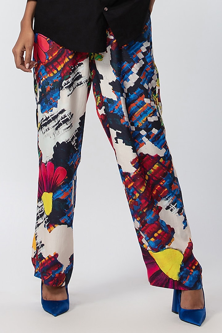 Multi-Colored Satin Abstract Printed Trousers by Saaksha & Kinni