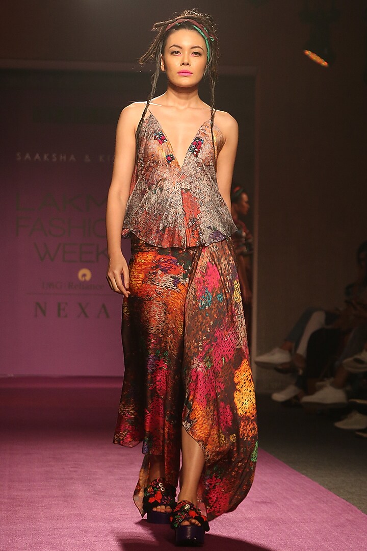 Grey Printed & Embroidered Spaghetti Strap Blouse by Saaksha & Kinni at Pernia's Pop Up Shop