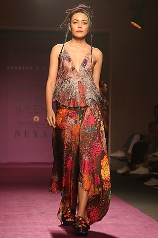 Grey Printed & Embroidered Spaghetti Strap Blouse by Saaksha & Kinni