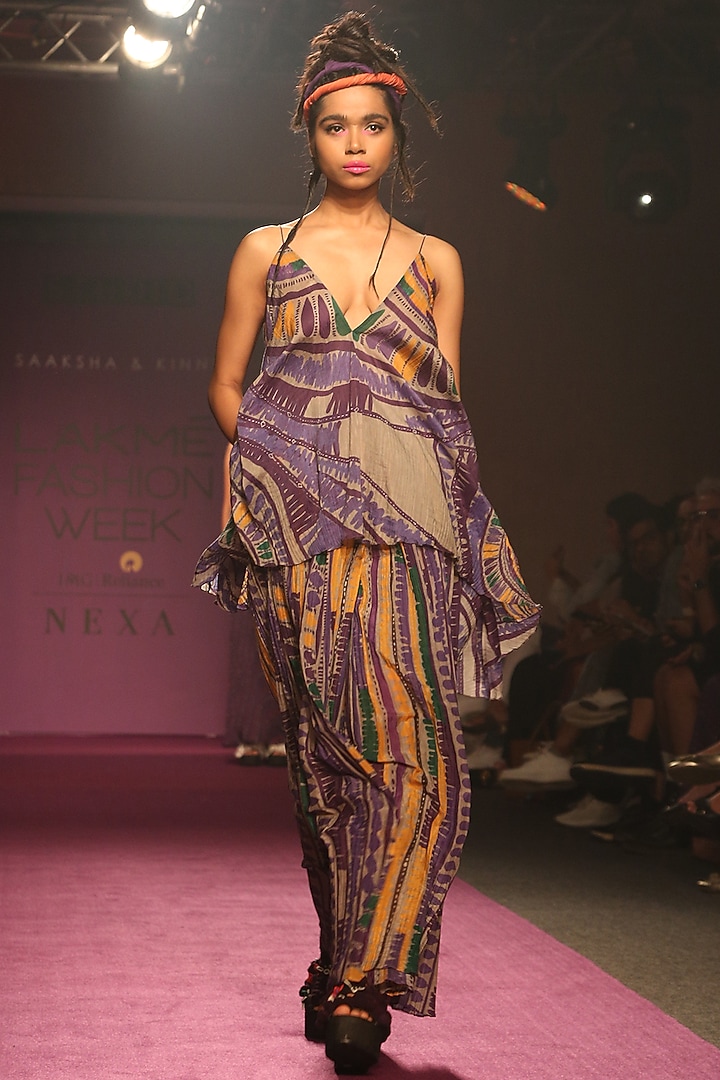 Purple Printed & Pleated Palazzo Pants by Saaksha & Kinni at Pernia's Pop Up Shop