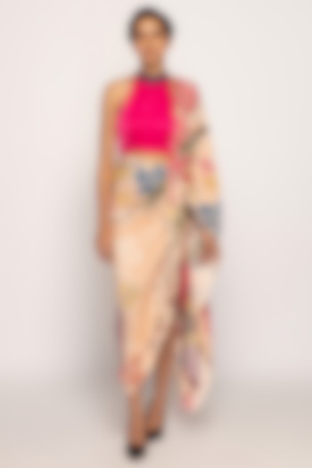 Peach Silk Bandhani Printed Skirt Wedding Saree Set by Saaksha & Kinni at Pernia's Pop Up Shop