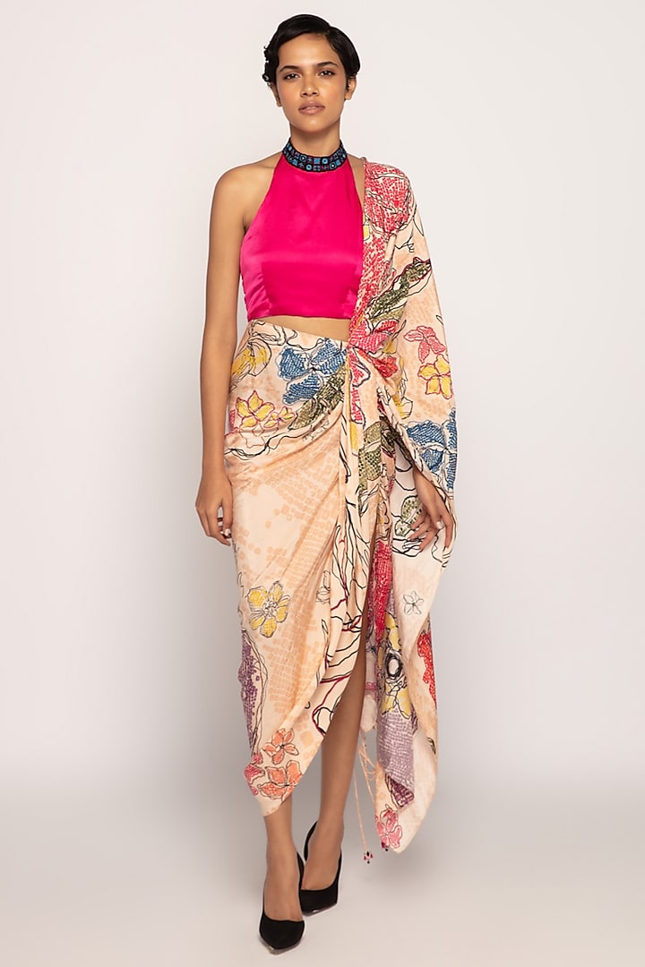 Peach Silk Bandhani Printed Skirt Wedding Saree Set by Saaksha & Kinni at Pernia's Pop Up Shop