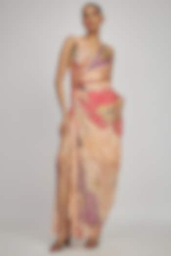 Peach Satin Bandhani Printed Maxi Dress by Saaksha & Kinni