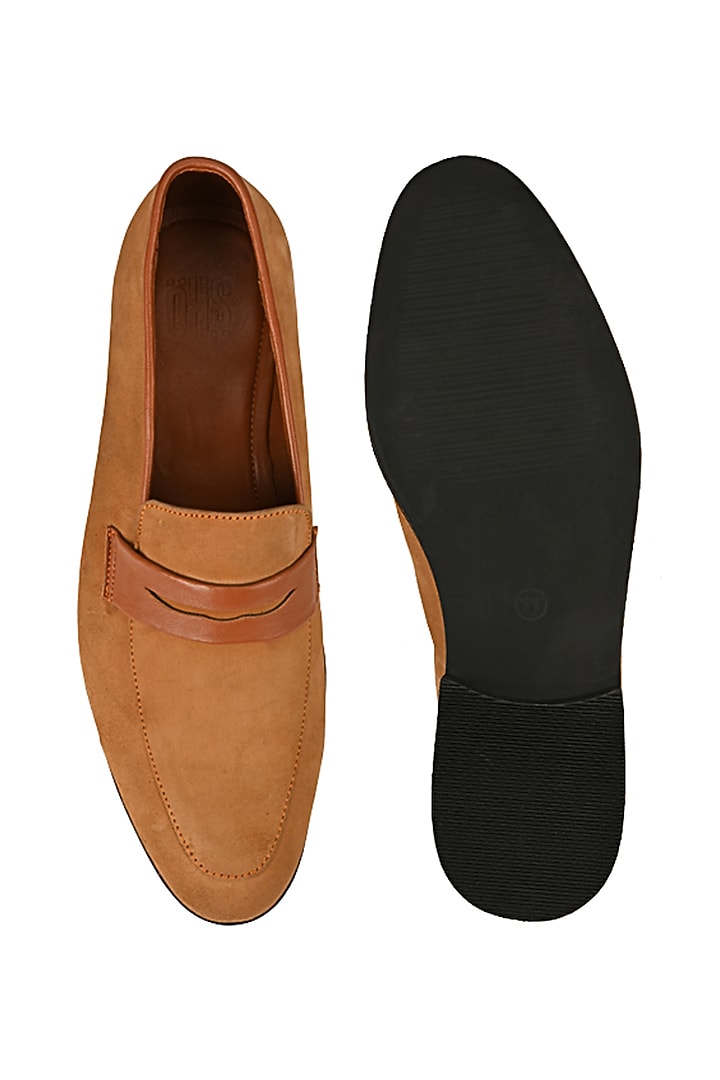 Camel Brown Suede Leather Handmade Penny Loafers by SKO Men at Pernia's Pop Up Shop