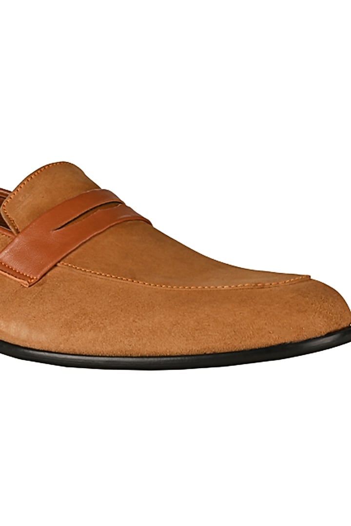 Camel Brown Suede Leather Handmade Penny Loafers by SKO Men at Pernia's Pop Up Shop