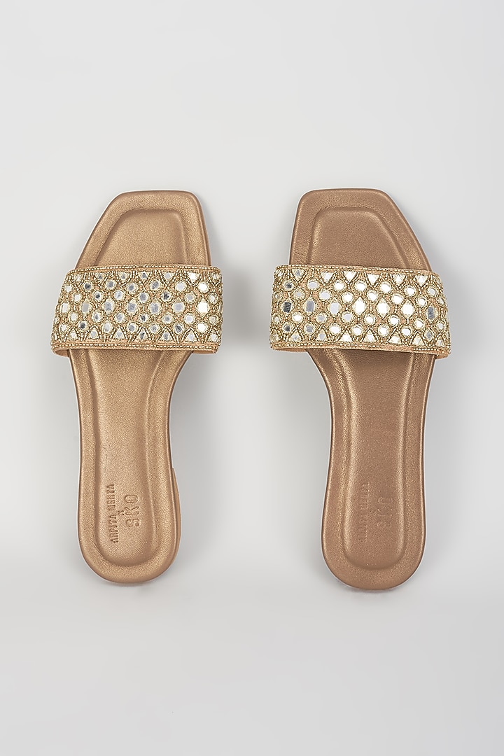 Gold Leather & Raw Silk Hand Embroidered Flats by SKO at Pernia's Pop Up Shop