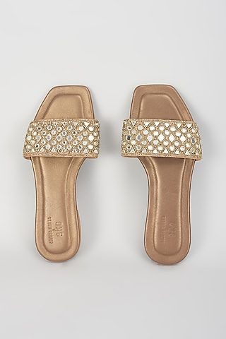 Gold Leather & Raw Silk Hand Embroidered Flats by SKO