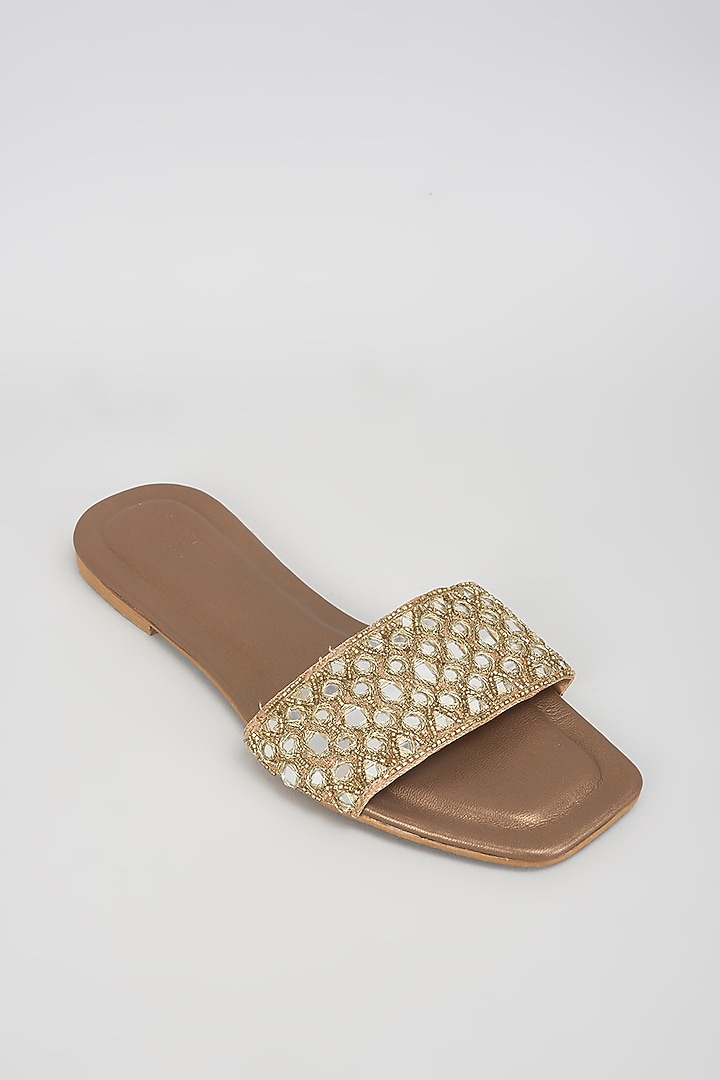 Gold Leather & Raw Silk Hand Embroidered Flats by SKO at Pernia's Pop Up Shop