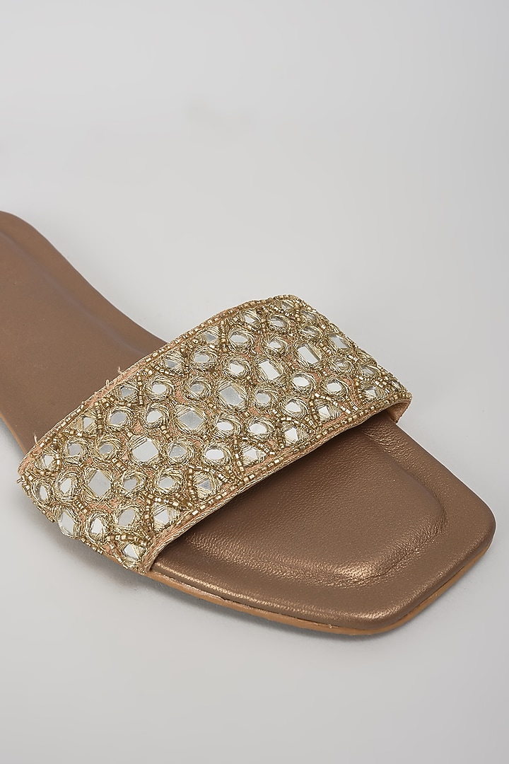 Gold Leather & Raw Silk Hand Embroidered Flats by SKO at Pernia's Pop Up Shop