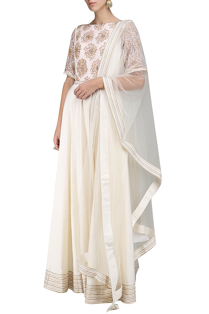 Ivory embroidered anarkali set available only at Pernia's Pop Up Shop.