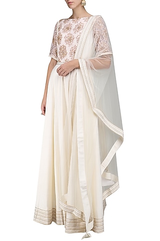 Ivory Embroidered Anarkali Set by Sakshi K Relan
