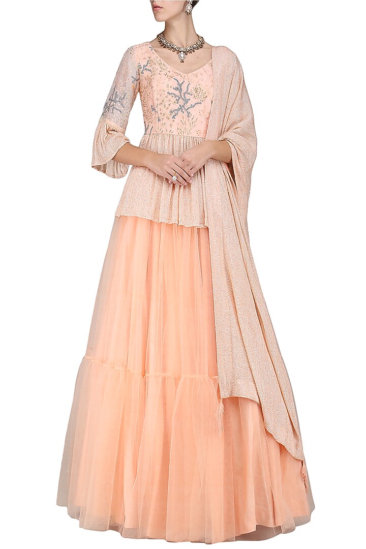 Iced apricot embroidered lehenga set available only at Pernia's Pop Up Shop.