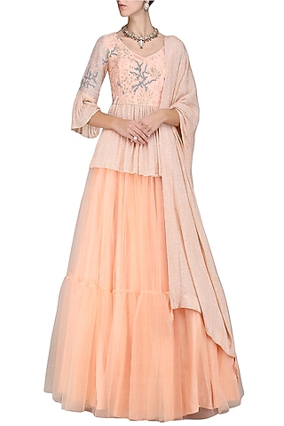 Iced Apricot Embroidered Lehenga Set by Sakshi K Relan