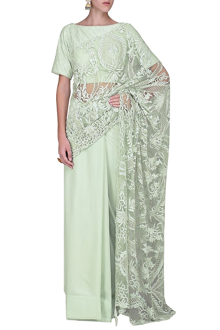 Mint embroidered saree with blouse available only at Pernia's Pop Up Shop.