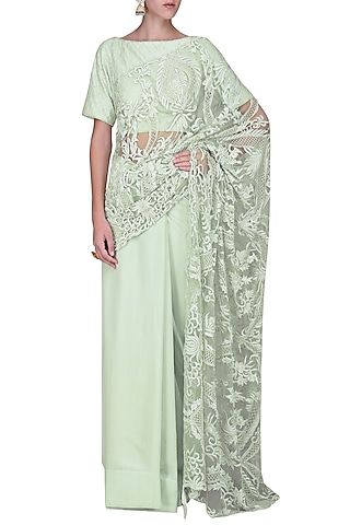 Mint Embroidered Saree with Blouse by Sakshi K Relan