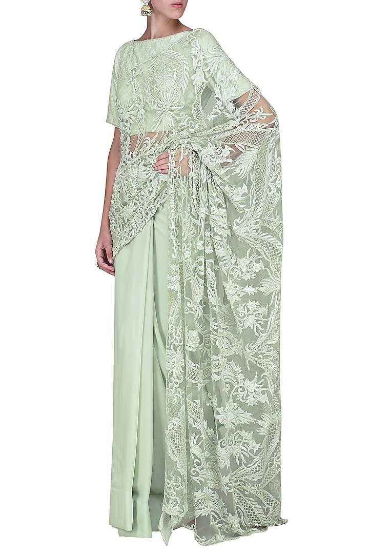 Mint embroidered saree with blouse available only at Pernia's Pop Up Shop.