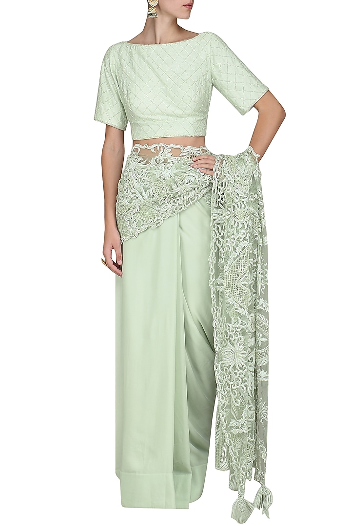 Mint embroidered saree with blouse available only at Pernia's Pop Up Shop.