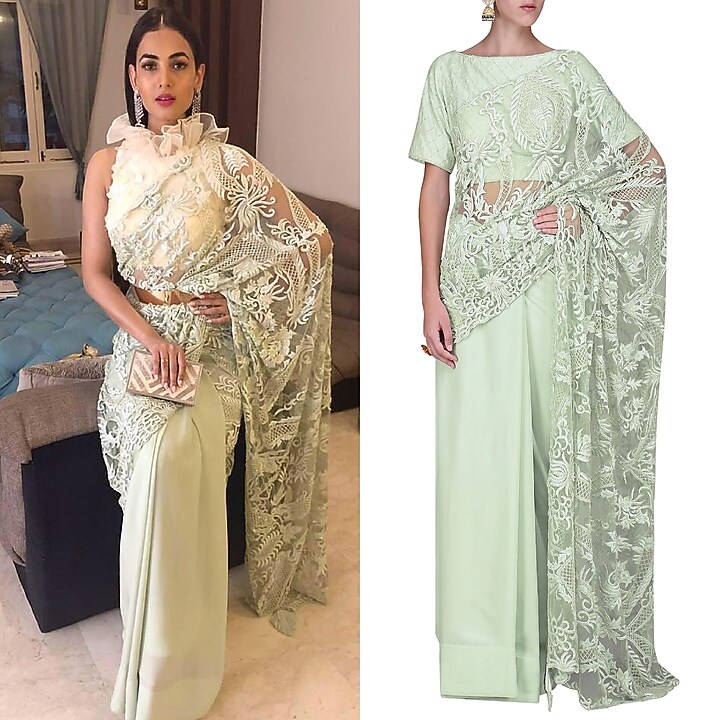 Mint embroidered saree with blouse available only at Pernia's Pop Up Shop.