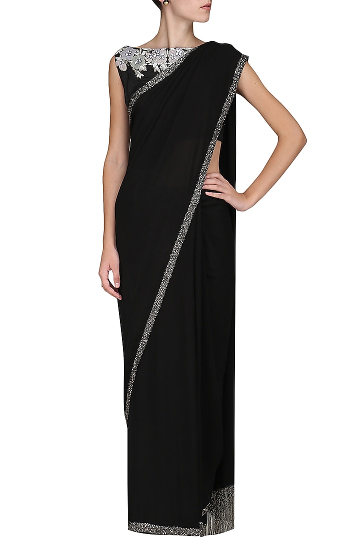 Black embroidered saree with blouse available only at Pernia's Pop Up Shop.