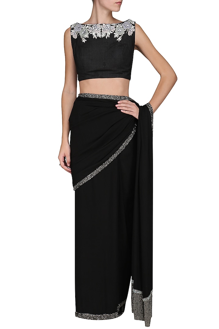 Black embroidered saree with blouse available only at Pernia's Pop Up Shop.