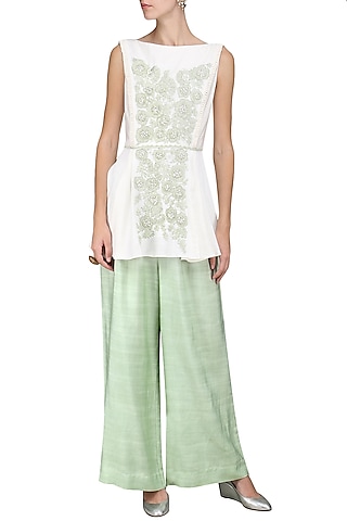 Ivory Embroidered Peplum Top with Palazzo Pants by Sakshi K Relan