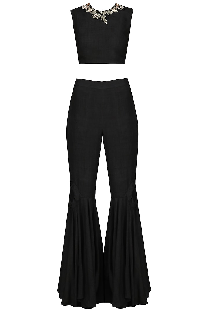 Black Embroidered Crop Top with Flared Pants by Sakshi K Relan