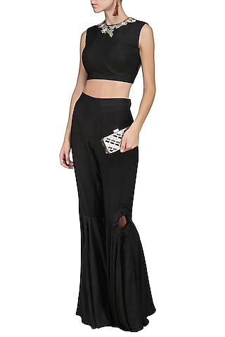 Black Embroidered Crop Top with Flared Pants by Sakshi K Relan
