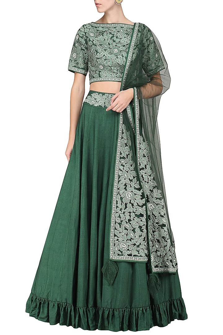 Emerald embroidered lehenga set available only at Pernia's Pop Up Shop.