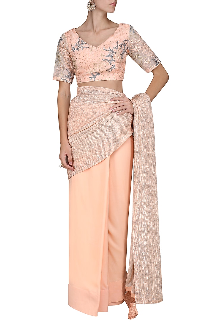 Iced apricot embroidered saree available only at Pernia's Pop Up Shop.