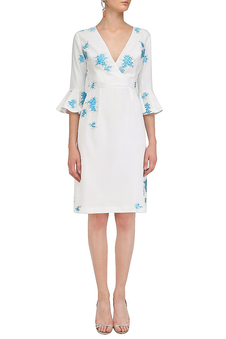Ivory and blue embroidered overlap dress available only at Pernia's Pop Up Shop.