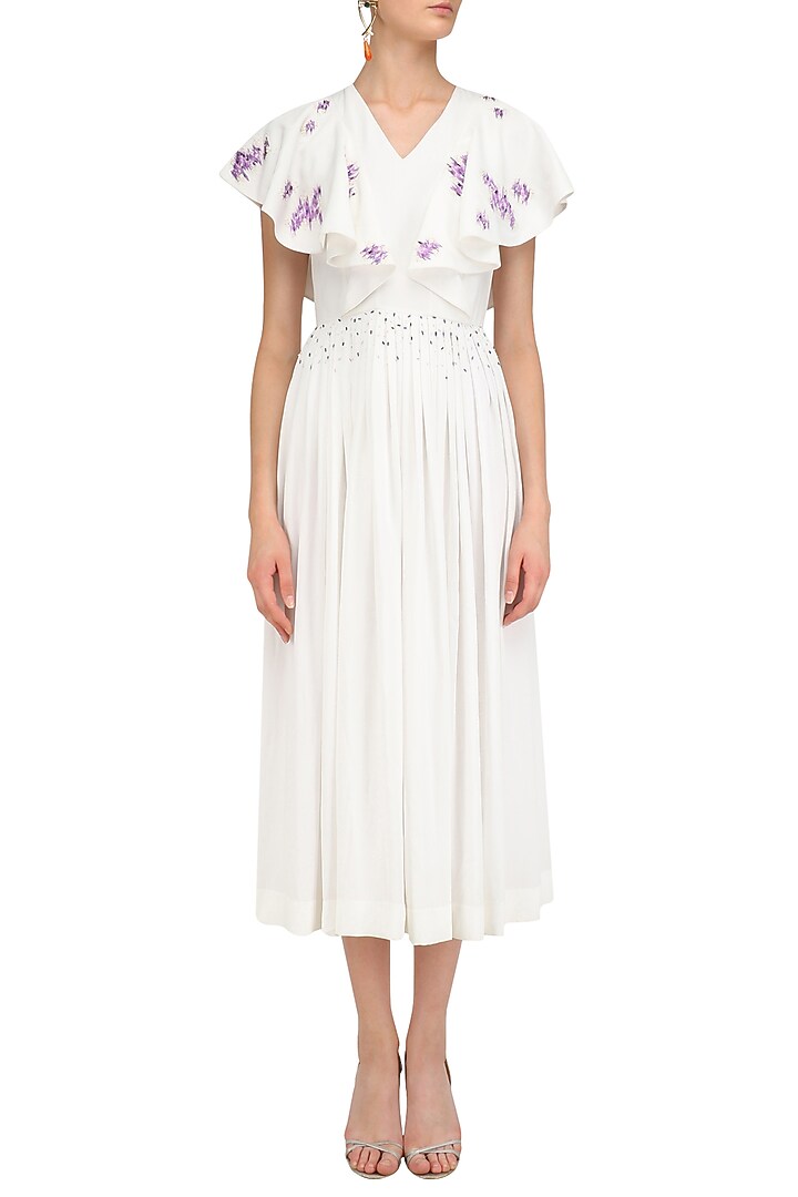 Ivory and lavender embroidered pleated dress available only at Pernia's Pop Up Shop.