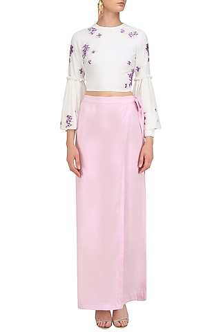 Ivory Embroidered Ruffled Crop Top by Sakshi K Relan
