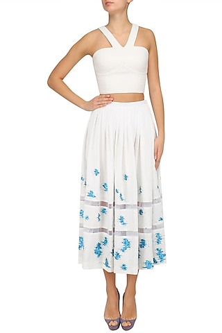 Ivory Embroidered Calf Length Skirt by Sakshi K Relan