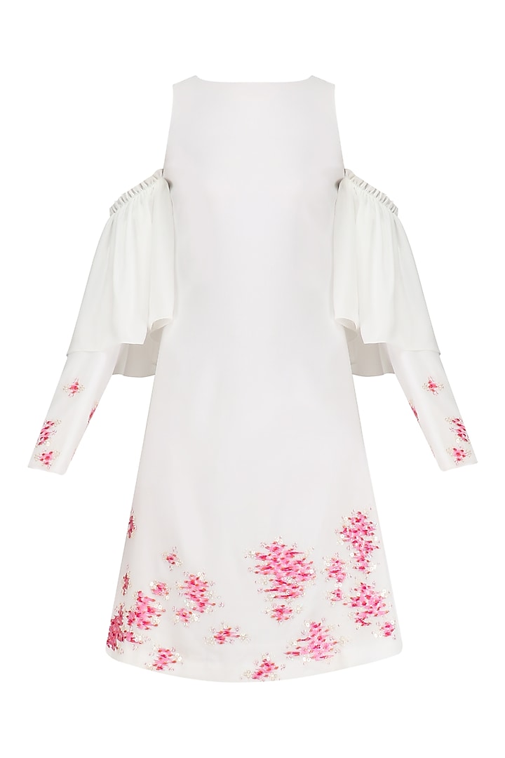 Ivory Cold Shoulder Embroidered Dress by Sakshi K Relan