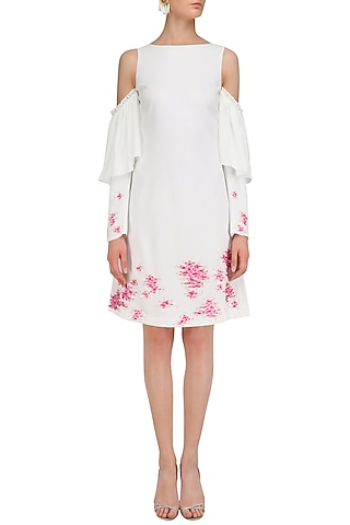 Ivory Cold Shoulder Embroidered Dress by Sakshi K Relan