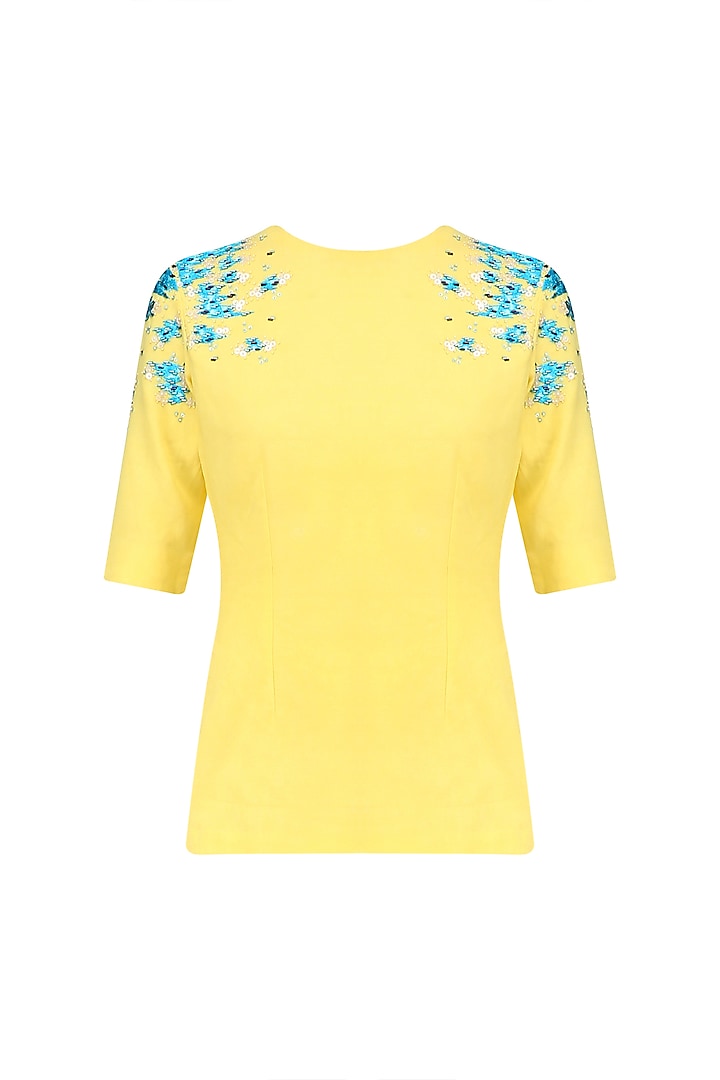 Yellow and Blue Embroidered Top by Sakshi K Relan
