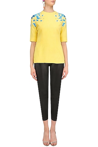 Yellow and Blue Embroidered Top by Sakshi K Relan