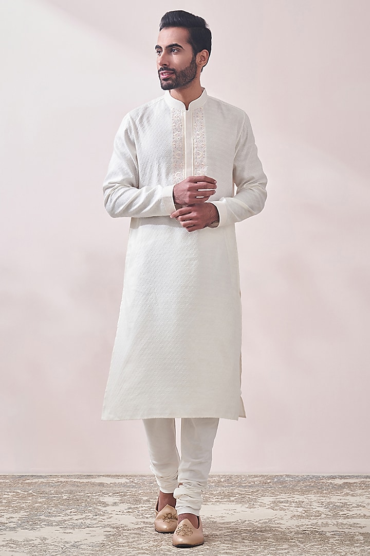 Ivory Jacquard Embroidered Kurta Set by Twamev at Pernia's Pop Up Shop