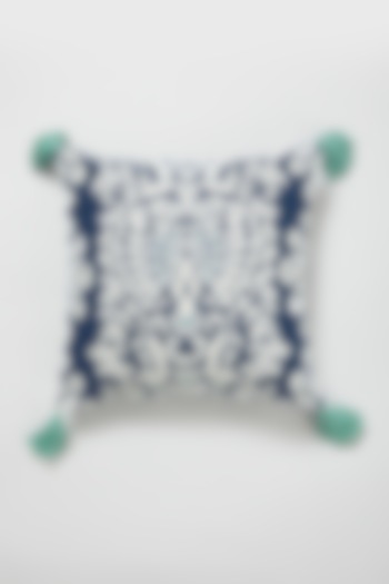 Blue Cotton Embroidered Cushion Cover by Skyyliving