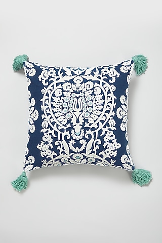 Blue Cotton Embroidered Cushion Cover by Skyyliving