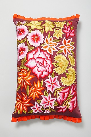 Dark Red Embroidered Cushion Cover by Skyyliving