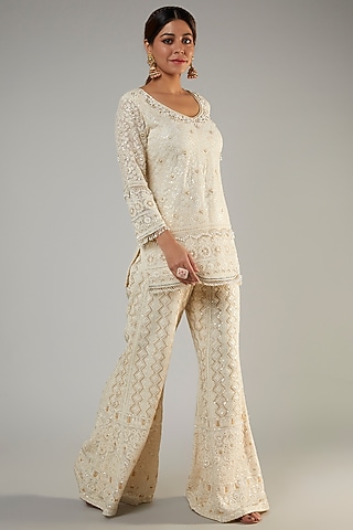 Ivory Pure Georgette Lucknowi Sharara Set by Sole Affair