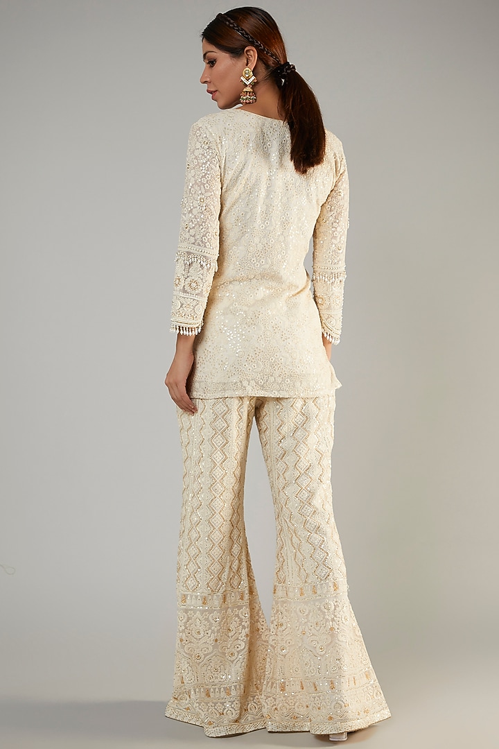 Ivory Pure Georgette Lucknowi Wedding Sharara Set by Sole Affair at Pernia's Pop Up Shop