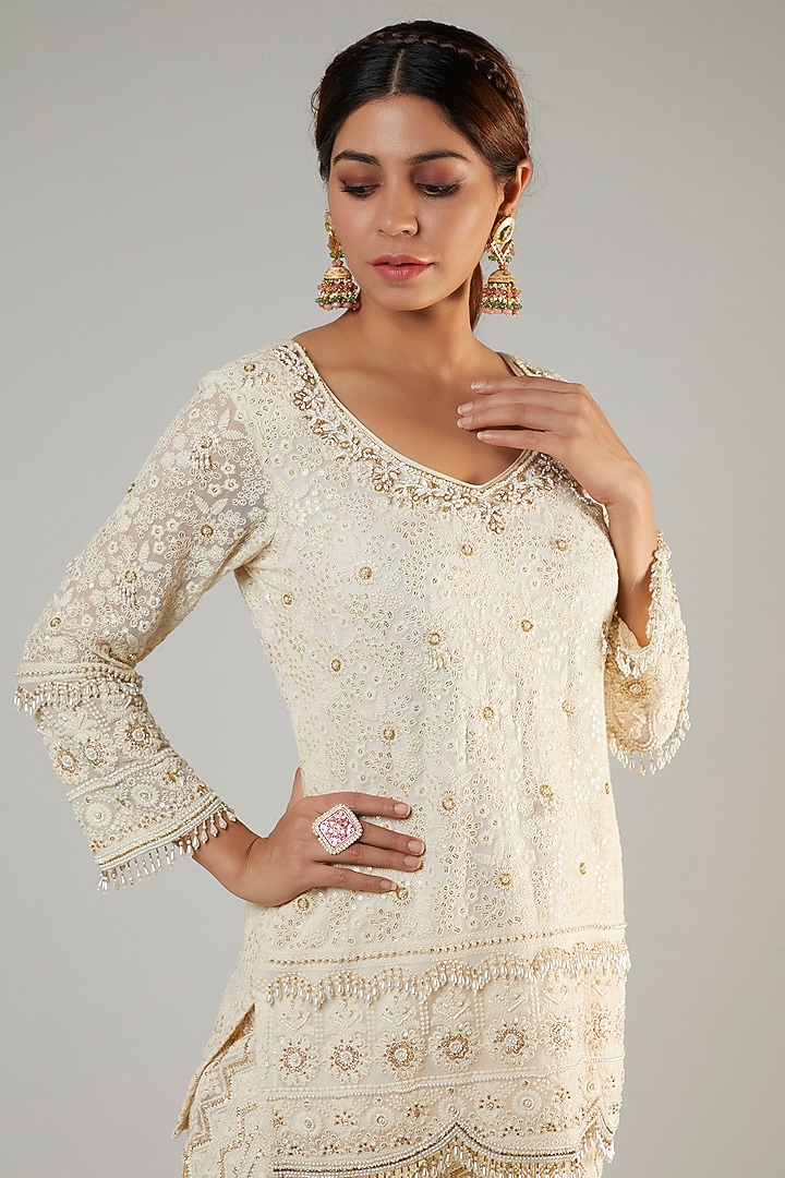 Ivory Pure Georgette Lucknowi Wedding Sharara Set by Sole Affair at Pernia's Pop Up Shop