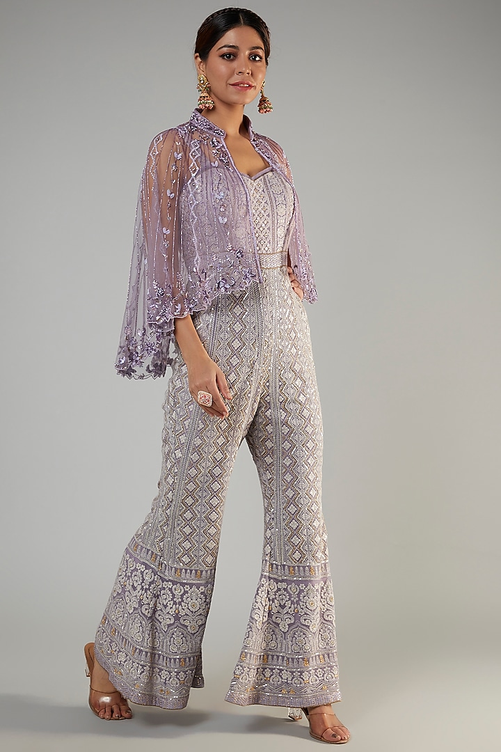 Lilac Pure Georgette Lucknowi Jumpsuit With Cape by Sole Affair