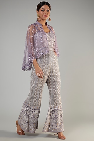 Lilac Pure Georgette Lucknowi Jumpsuit With Cape by Sole Affair