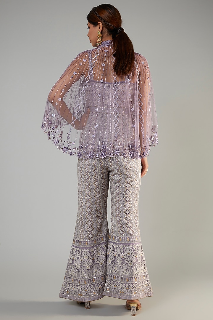 Lilac Pure Georgette Lucknowi Jumpsuit With Cape by Sole Affair at Pernia's Pop Up Shop
