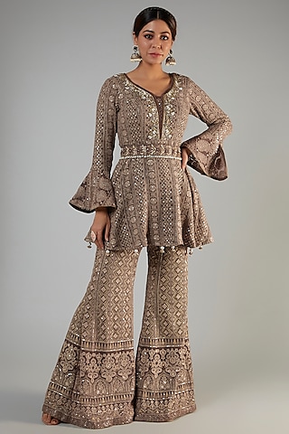 Brown Pure Georgette Lucknowi Sharara Set by Sole Affair
